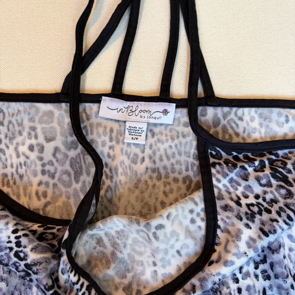 In Bloom by Jonquil Chemise S Gray Cheetah Print Strappy Back Nightgown Belted - Picture 3 of 5